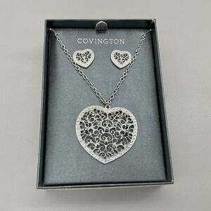 Covington Necklace Earrings Set Silver Tone Gray Crystal Heart Womens Jewelry